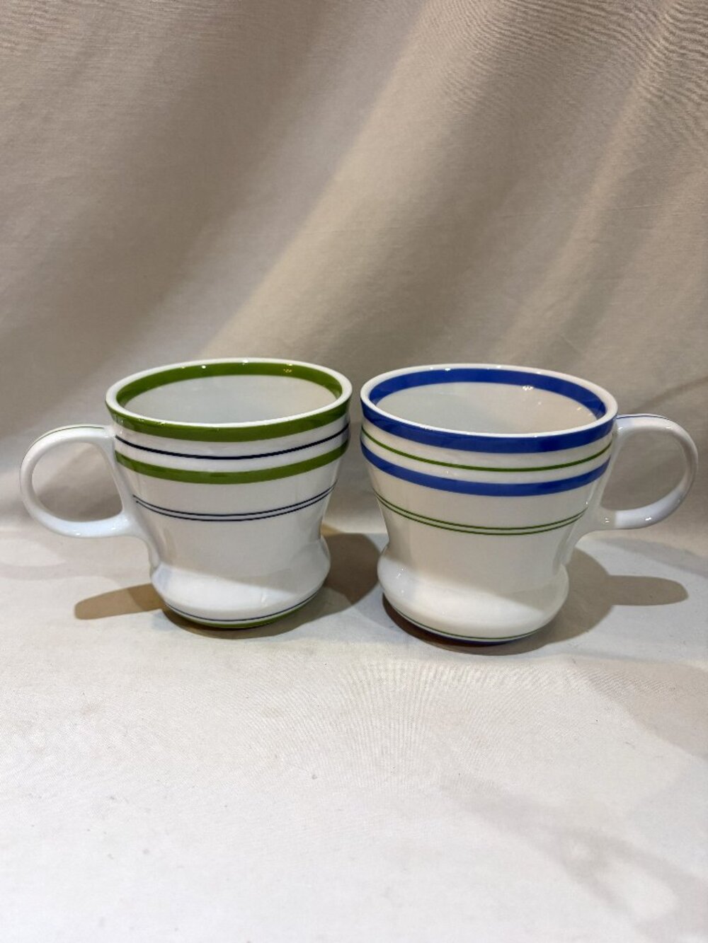 Pair of Starbucks 2007 Fine Porcelain Coffee Mugs Blue Green Stripes 12 oz